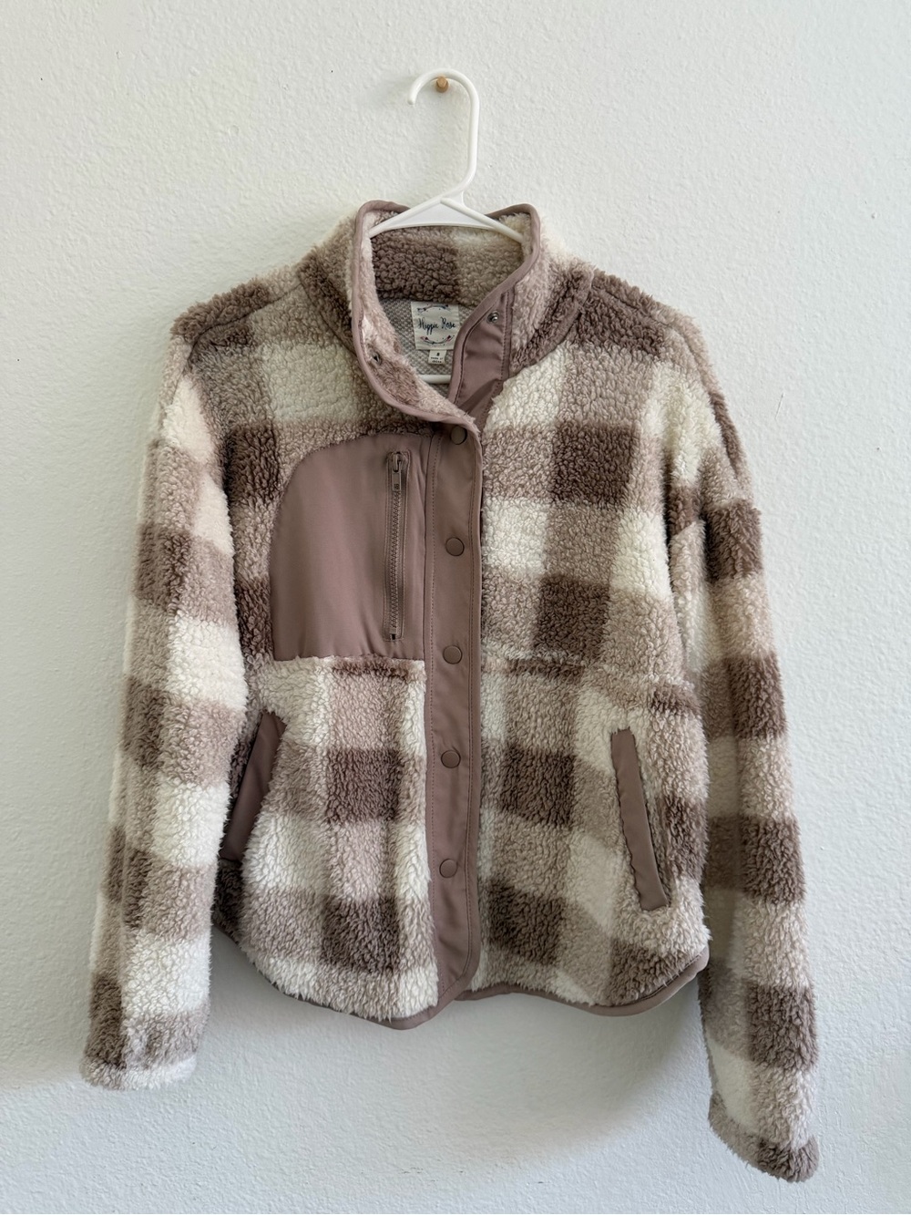 Women's Taupe Checkered Sherpa Jacket